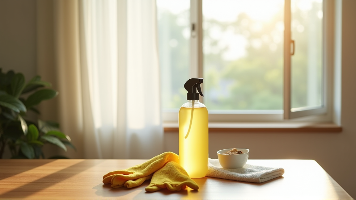 作業用手袋とスプレーボトル、換気中の窓辺