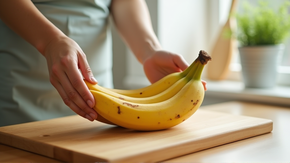 シュガースポットが出始めた食べ頃のバナナをまな板に並べる手元