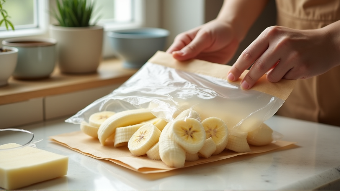 輪切りにしたバナナを保存袋に並べる手元