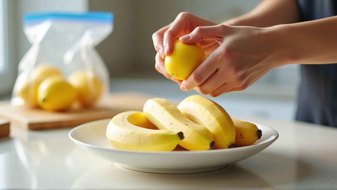 レモン汁をかけたバナナを保存袋に入れる手元