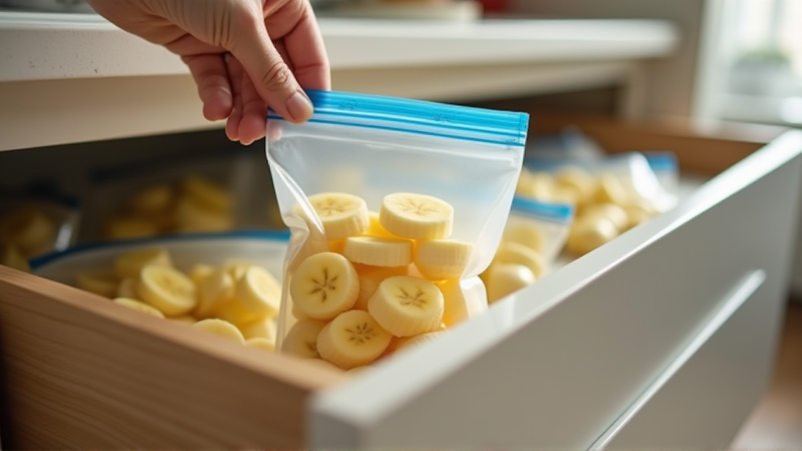 冷凍庫で保存袋に入ったバナナを取り出す手元