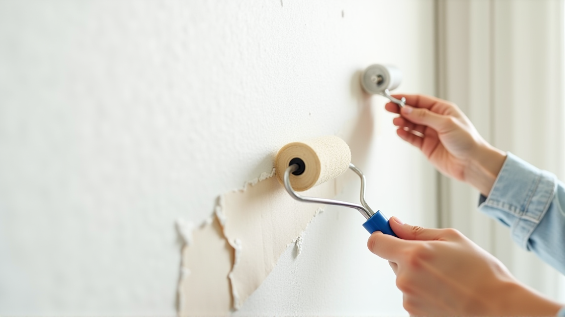 めくれた壁紙にのりを塗って押さえる手元