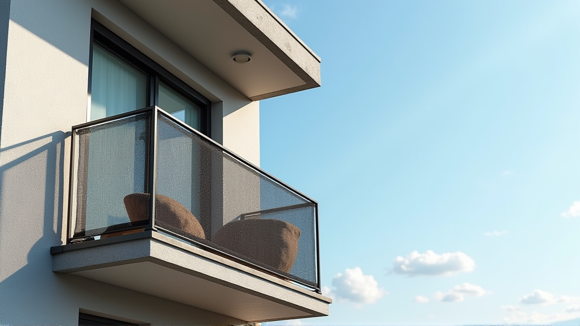 黒い防鳥ネットで覆われたマンションのベランダ外観