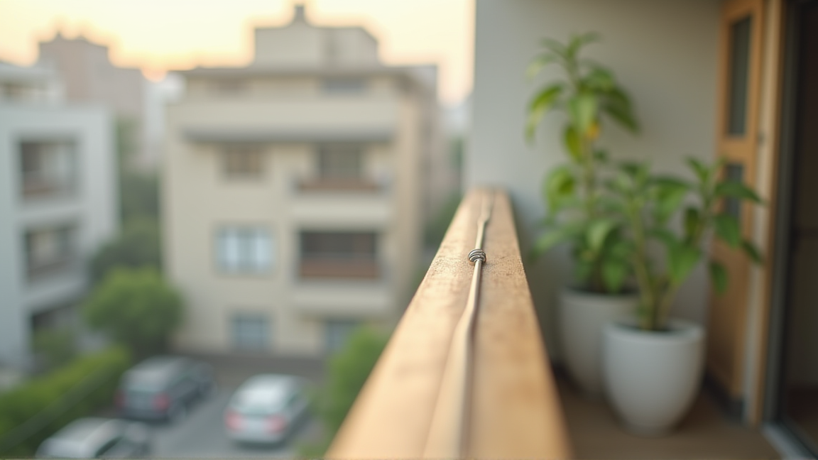 ベランダ手すりの上に張られた防鳥テグス