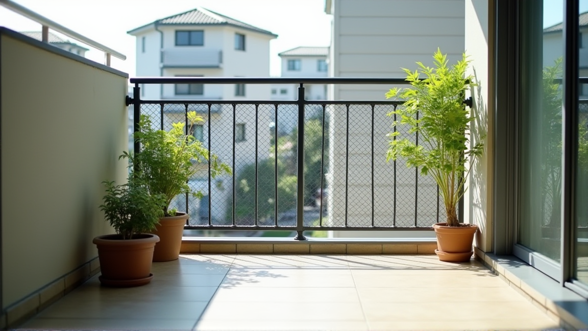 防鳥ネット設置後の清潔なベランダ