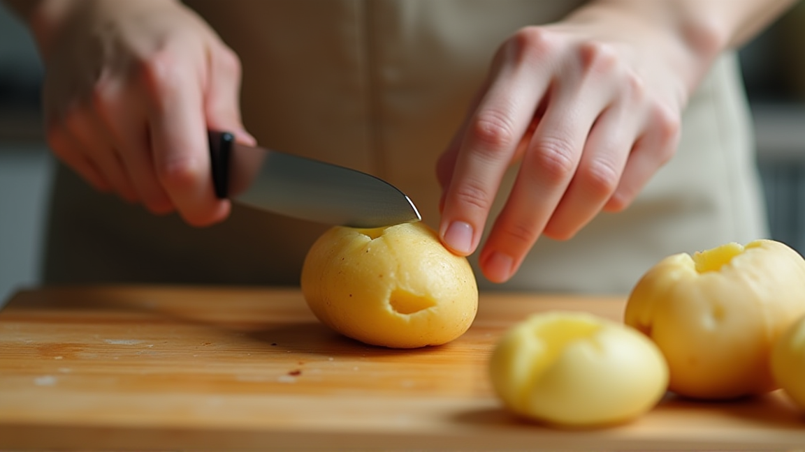 包丁の角でじゃがいもの芽をえぐる手元