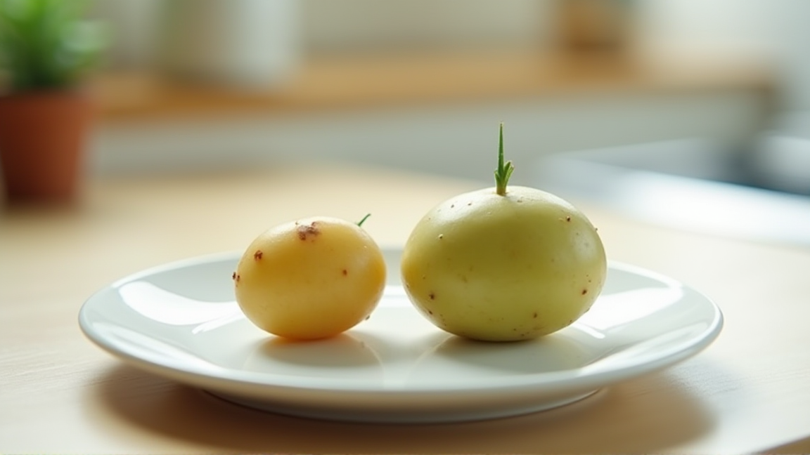 緑色に変色したじゃがいもを見比べる様子