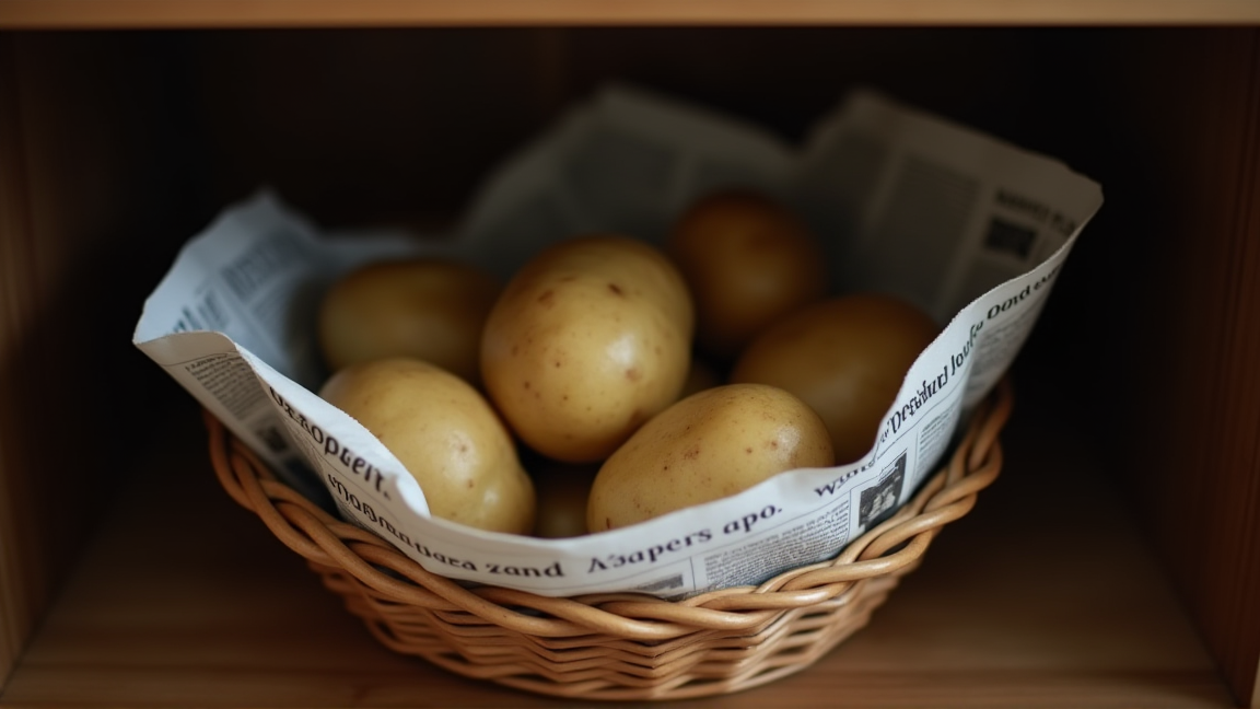 新聞紙にくるんで冷暗所に置かれたじゃがいも