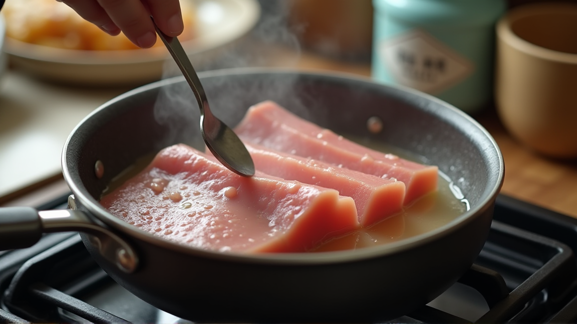 茹でた豚バラから脂を取る様子