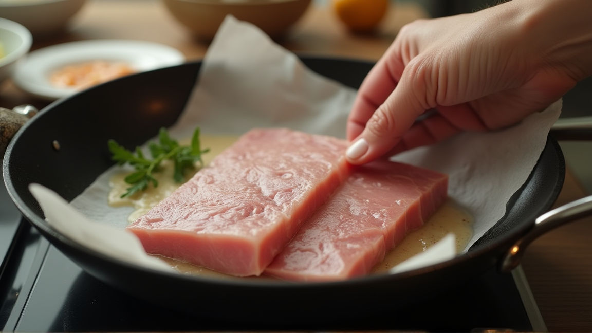 フライパンで焼いた豚バラの脂をペーパーで吸い取る手元