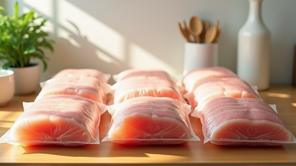 ジッパー付き袋に平らにしまわれた下処理済みの豚バラ