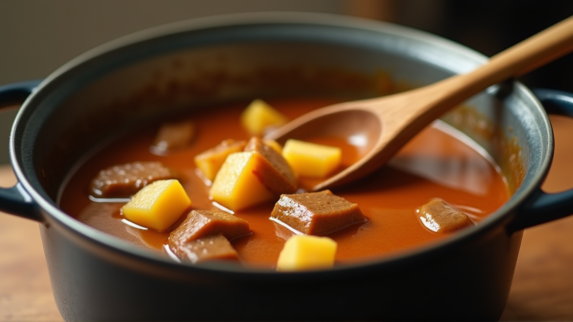 鍋の中にごろっとしたじゃがいものカレー