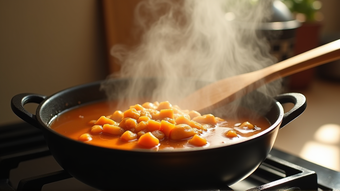 冷凍から解凍したカレーを鍋で温め直す様子