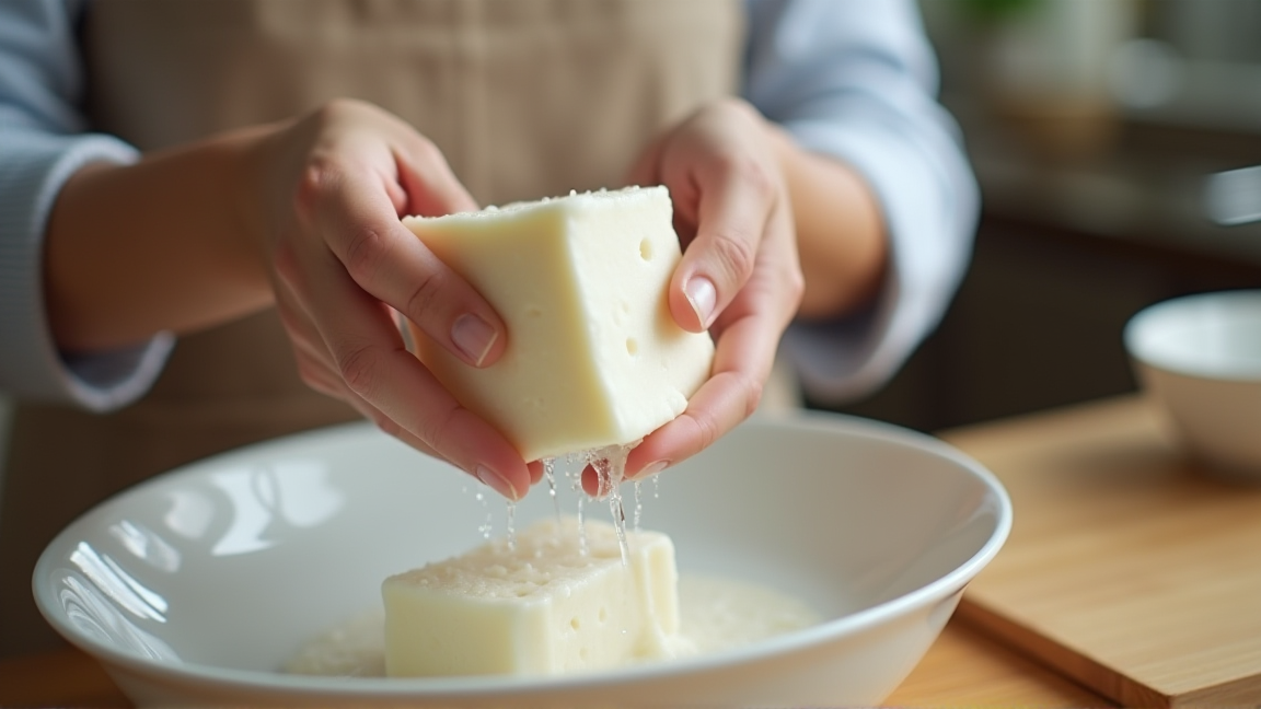 解凍した豆腐の水気を手で絞る様子