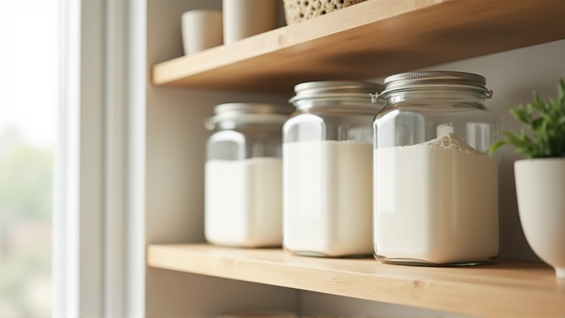 キッチンの棚に置かれた密閉容器入りの小麦粉