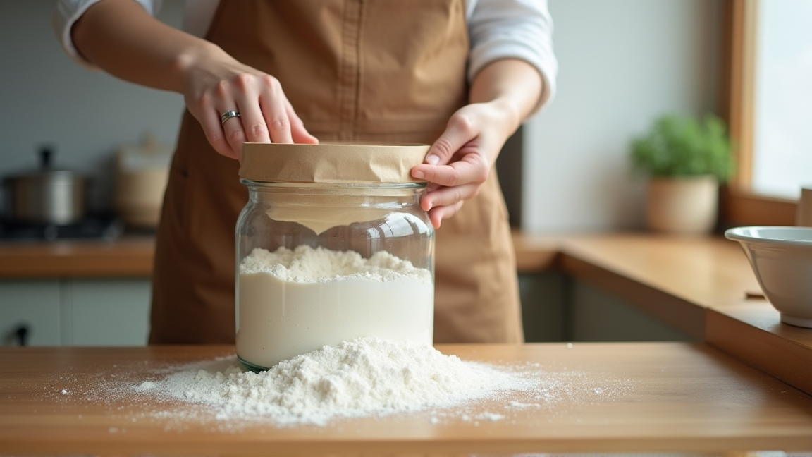 小麦粉を袋から密閉容器に移し替える手元