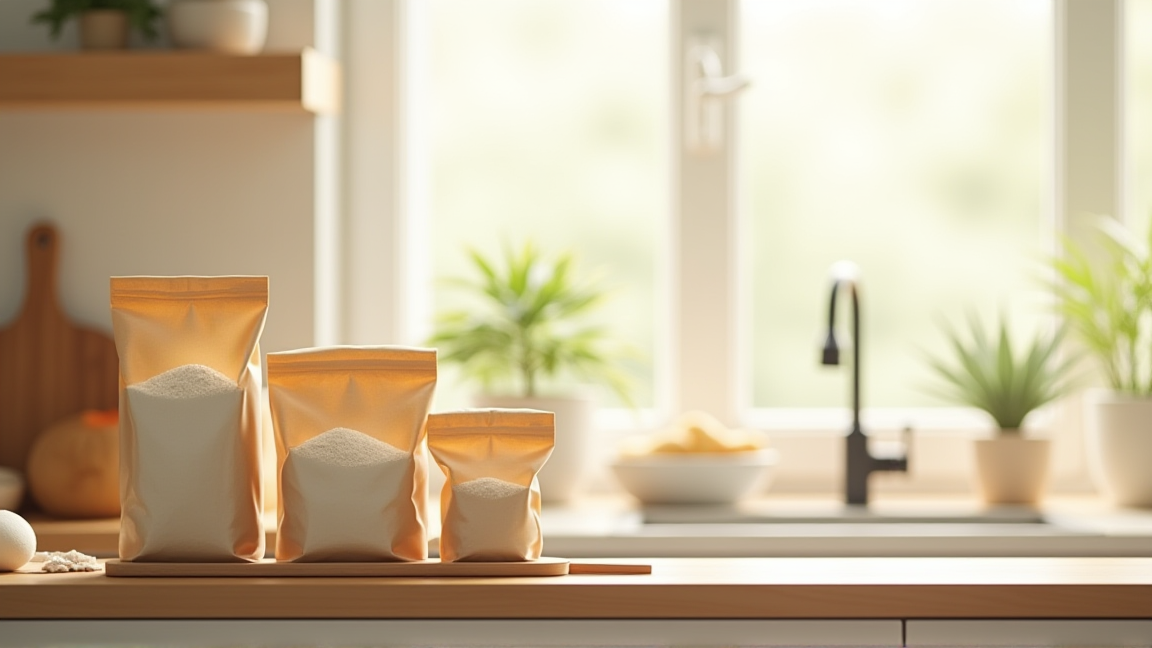 キッチンカウンターに置かれた複数サイズの小麦粉袋