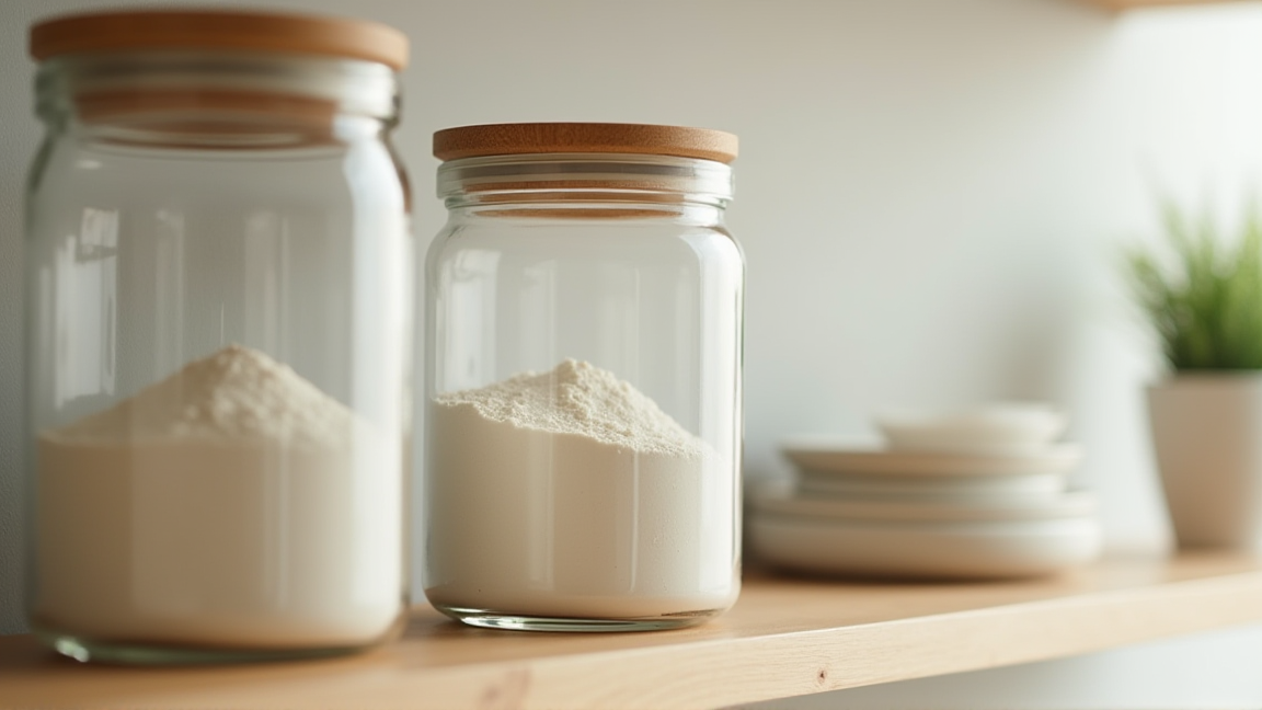 密閉容器に入った小麦粉とパッキン部分のアップ