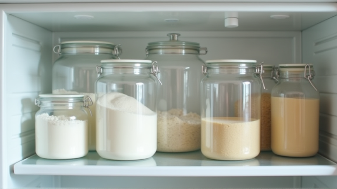 冷蔵庫の中で整理された粉もの類の密閉容器