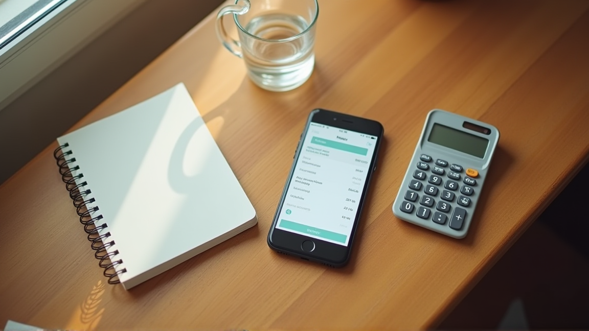 テーブルの上で家計簿アプリを開いたスマホと手書きノート、電卓