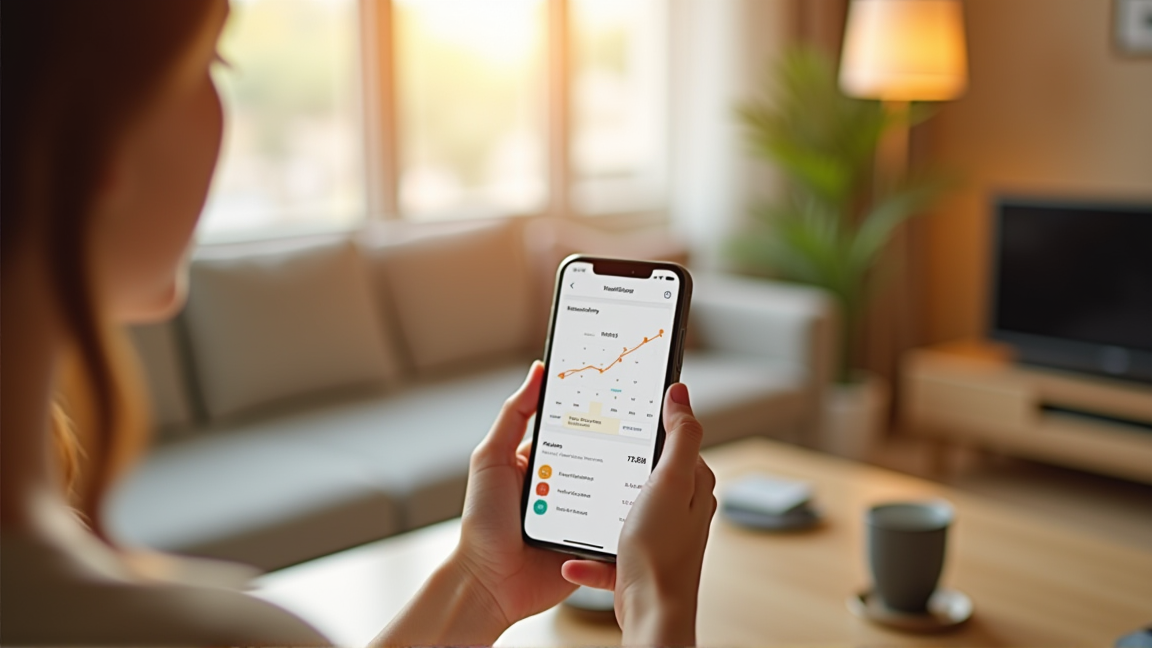 スマホに家計簿アプリを表示している女性の手元