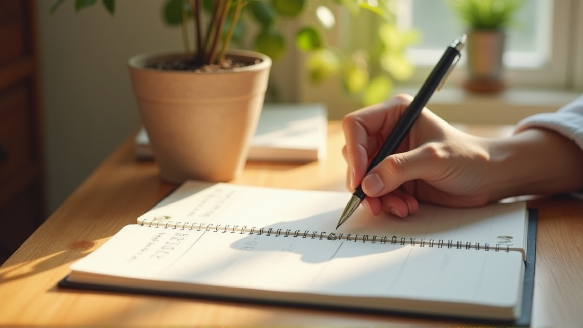 ノートにペンで簡単な家計メモを書いている手元