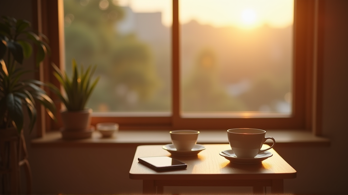 夕方の窓辺でスマホを見ながらお茶を飲む落ち着いた暮らしの一場面