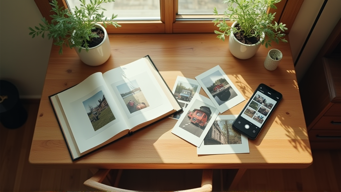 古いアルバムとスマートフォンを並べて写真整理を始める様子