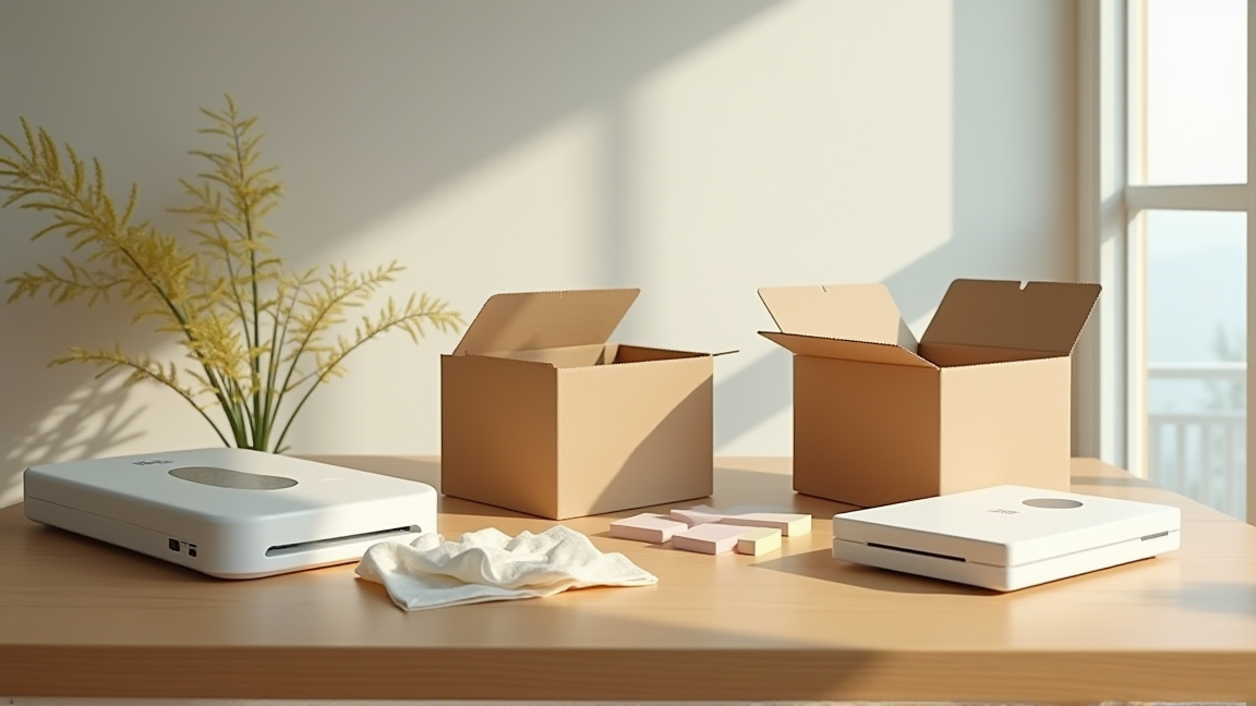 作業用の空き箱や付せんを並べた準備の様子