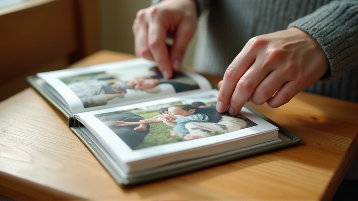 年代別に仕分けた紙の写真をアルバムに収めている手元