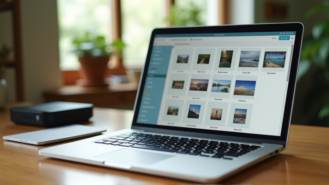 ノートパソコンで年別フォルダを整理しクラウドに保存する様子