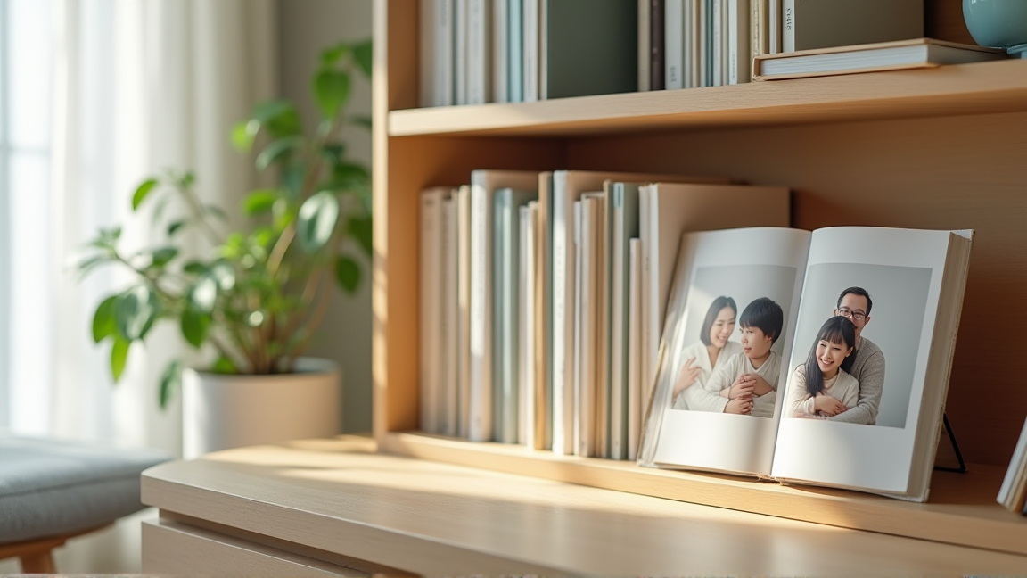 完成したフォトブックと紙アルバムを本棚に並べた様子