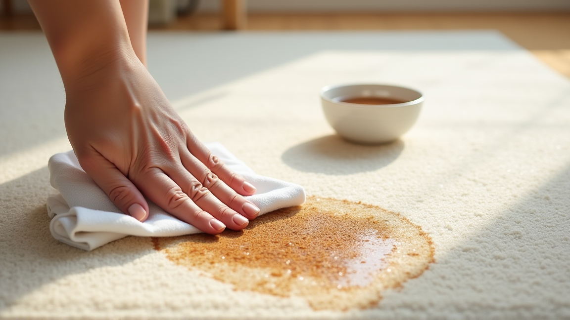 乾いたコーヒーのシミに洗剤液を含ませたタオルでたたき洗いする様子