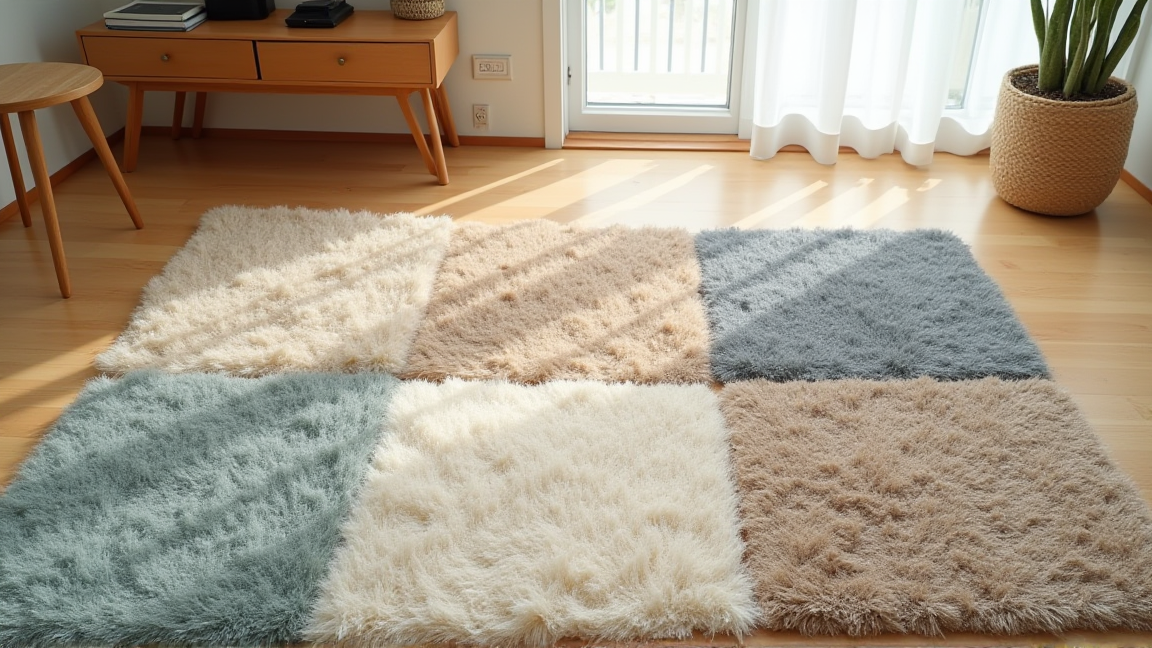 ウール・ナイロン・アクリルなど素材の違うカーペットの端を並べた様子