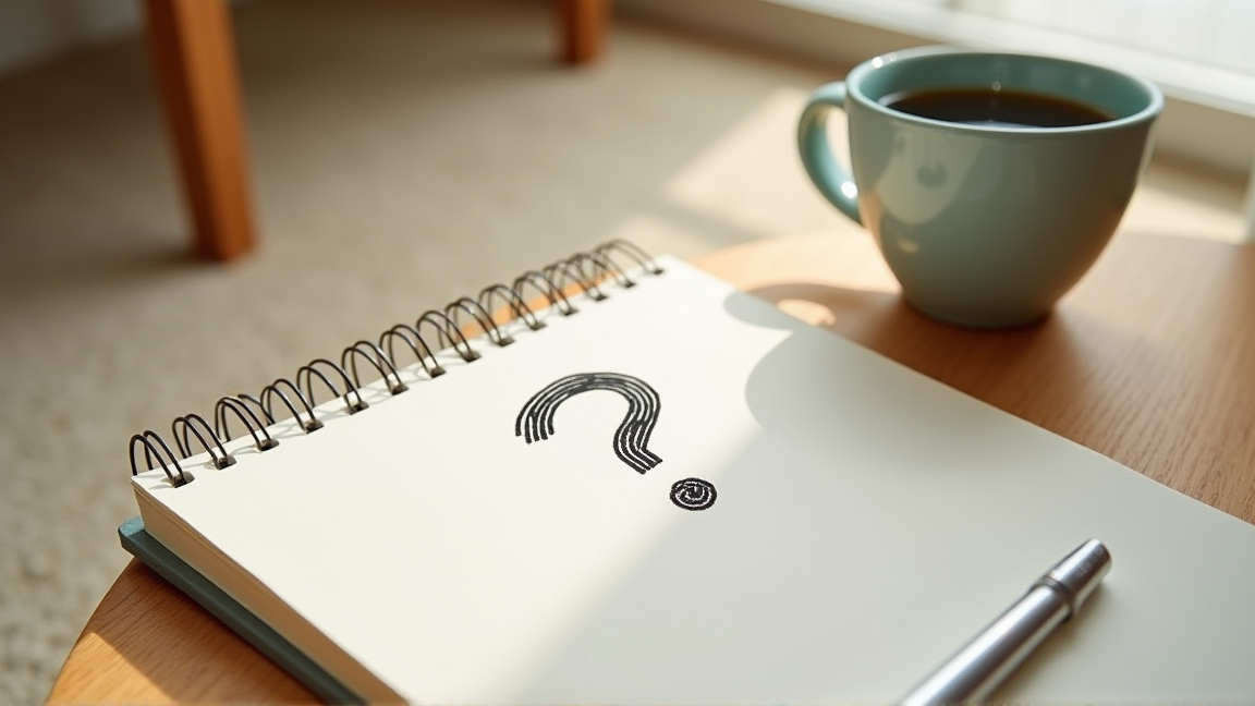 リビングのカーペットの前でクエスチョンマークをイメージさせるメモとマグカップ