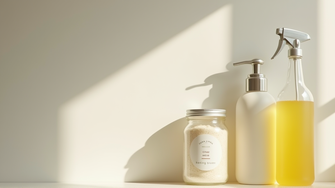重曹とクエン酸の容器とスプレーボトルが置かれた洗面台
