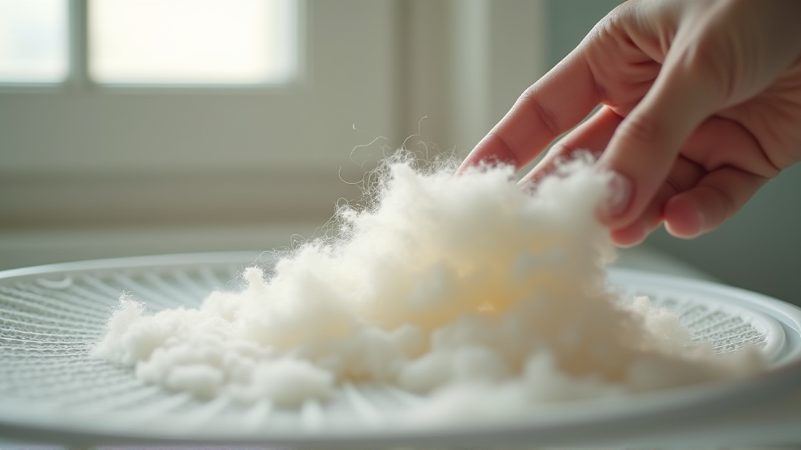 乾燥機のフィルターに溜まったほこりを取り除く様子