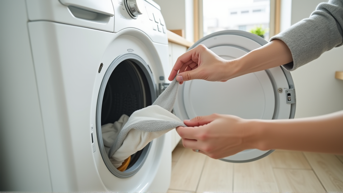 乾燥機のドアを開けてフィルターの位置を確認する手元