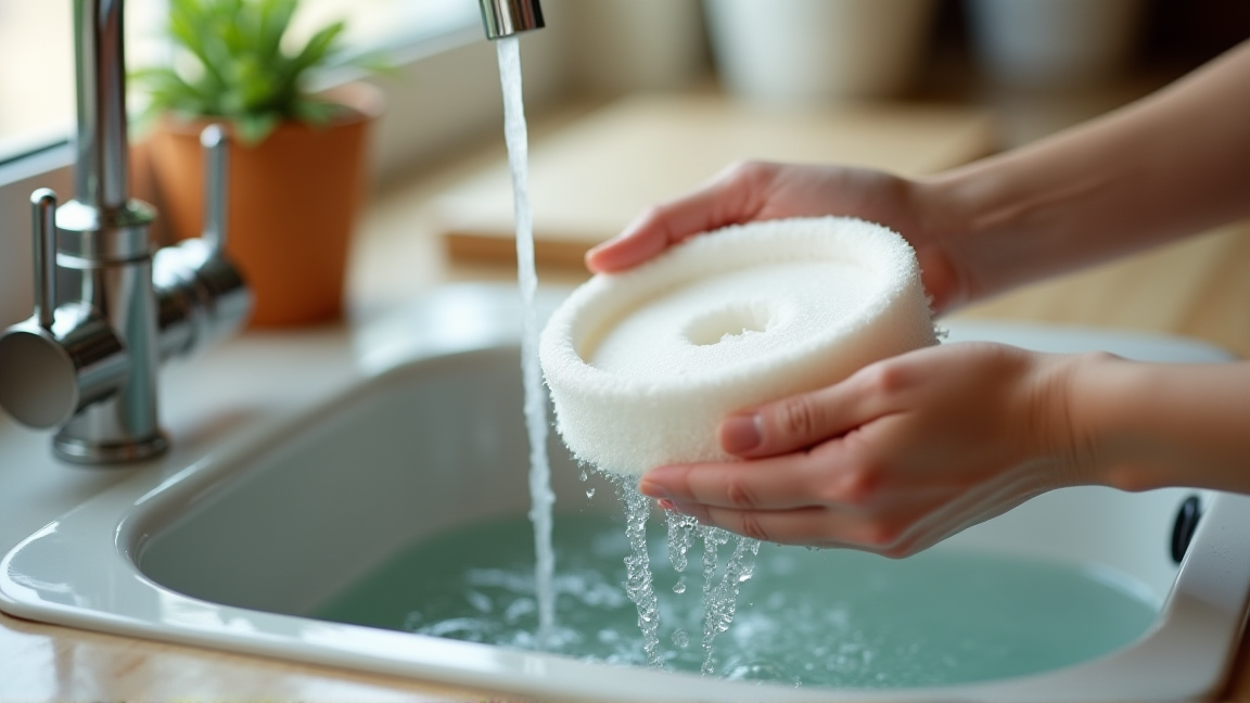 フィルターを水洗いして自然乾燥させる様子