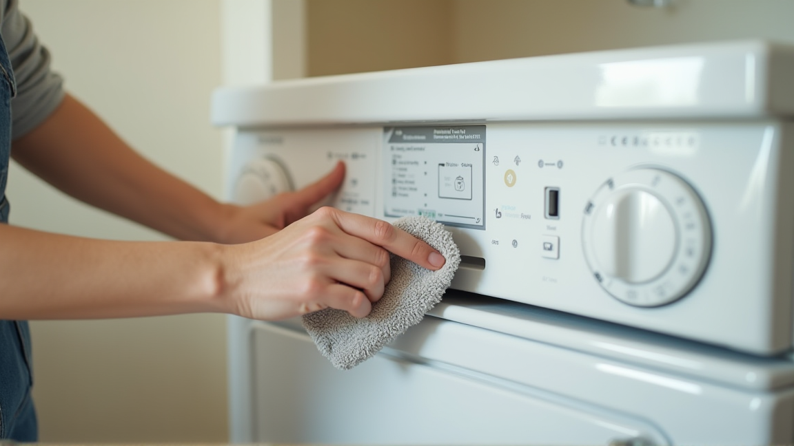 乾燥機の周りや溝に溜まったほこりを布で拭き取る手元