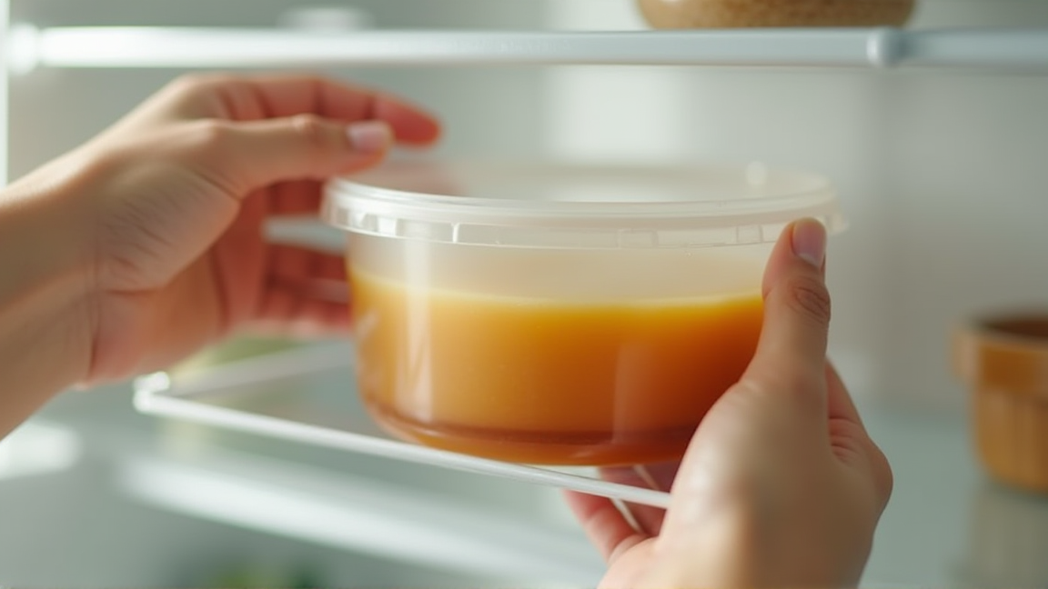 ラベルを確認しながら未開封の味噌を冷蔵庫に入れる手元