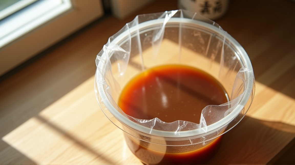 開封後の味噌の表面にラップをぴったり貼り付ける様子