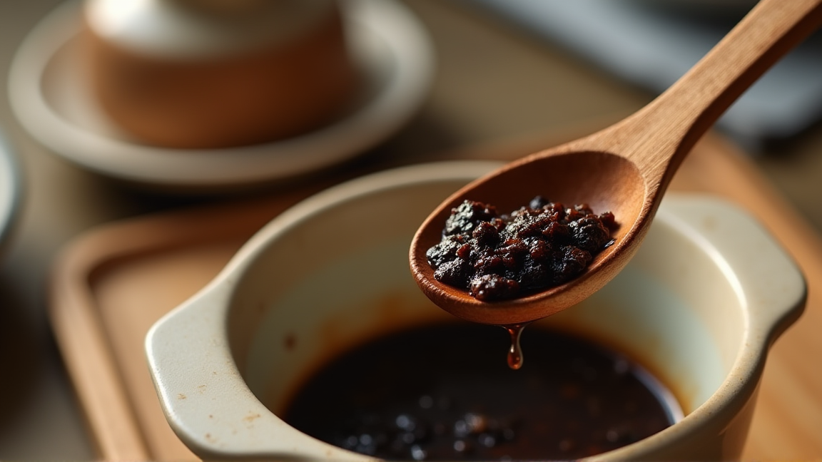 味噌の色や香りを確認する手元のクローズアップ