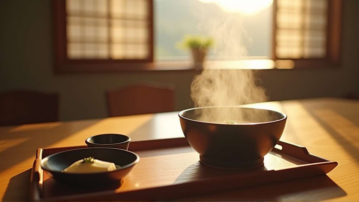 家庭の食卓に並ぶ味噌汁と小鉢