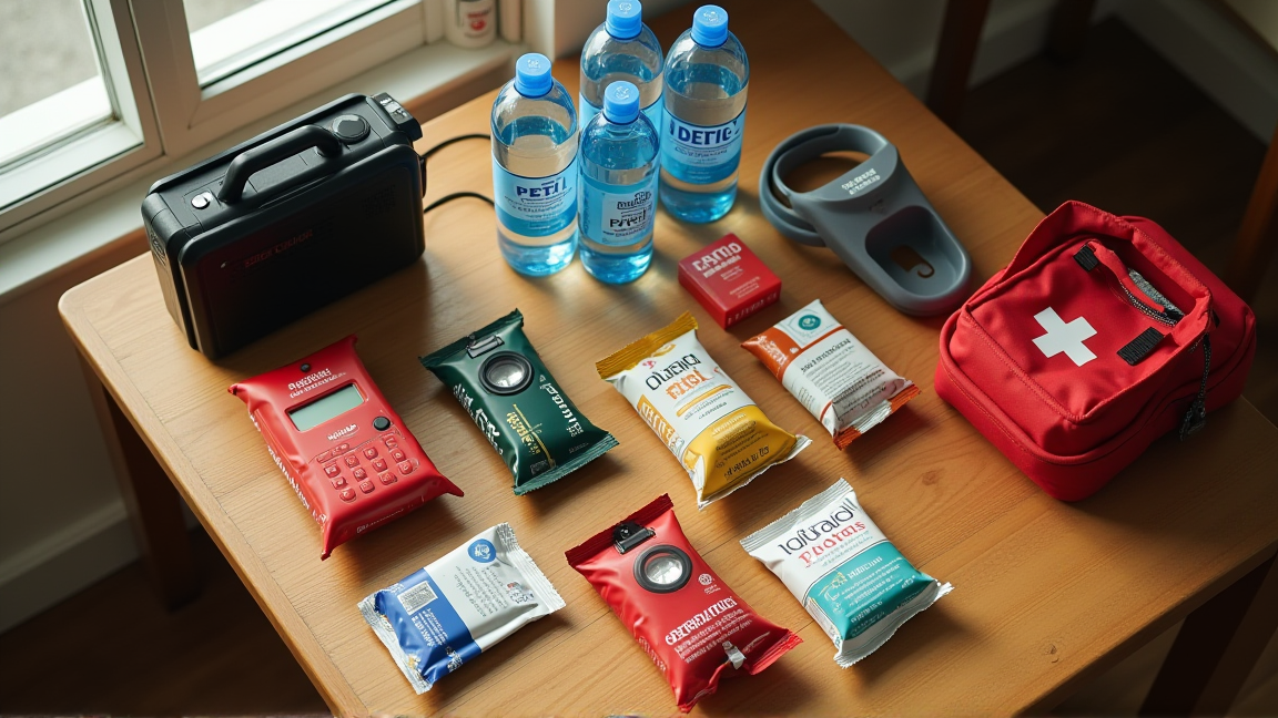 テーブルに広げた防災用品の中身