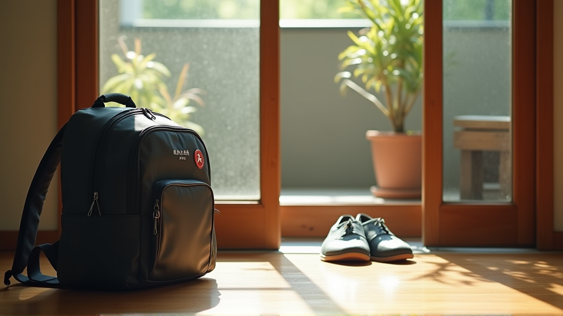 玄関に置かれた防災リュックと家族分の靴