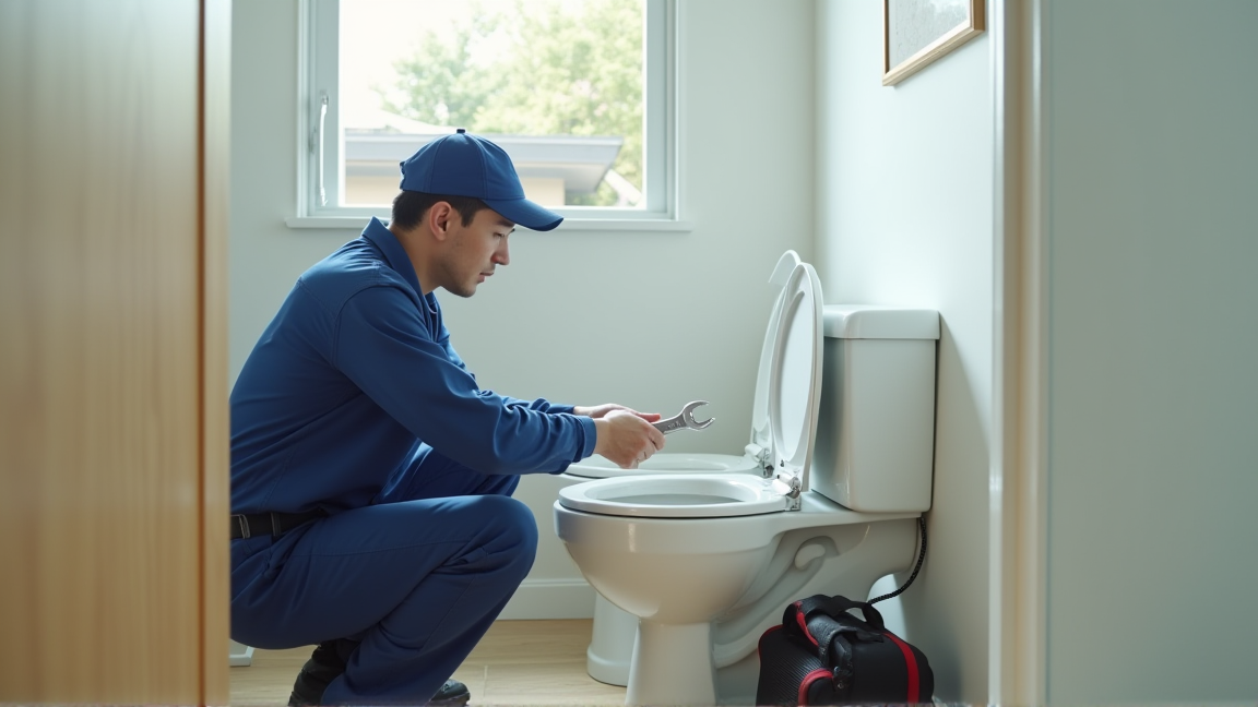 工具を持った修理担当者がトイレを点検する様子