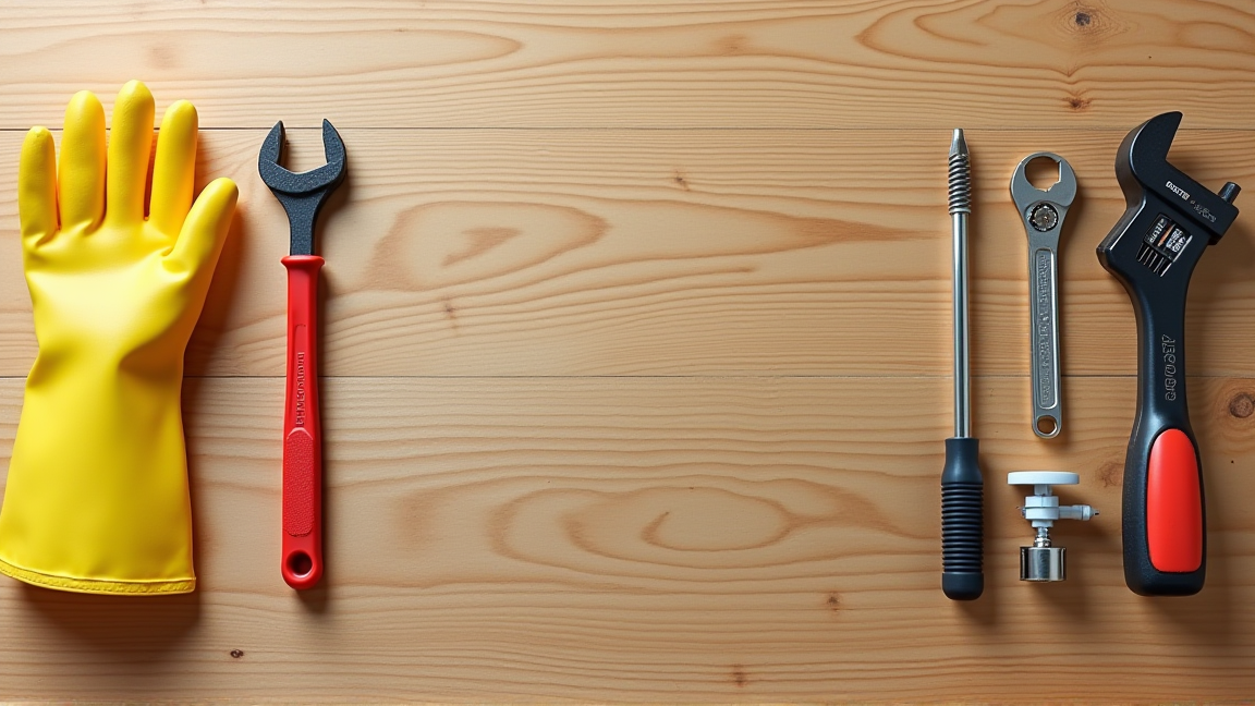 トイレ修理に使う基本工具を並べた様子