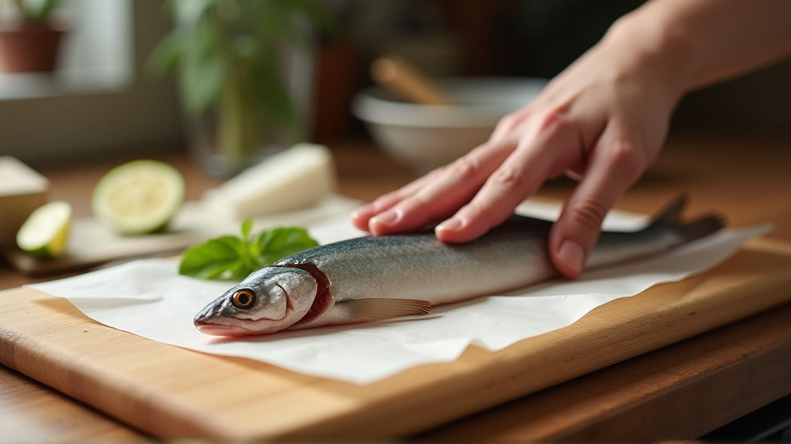 キッチンで干物の下準備をする様子