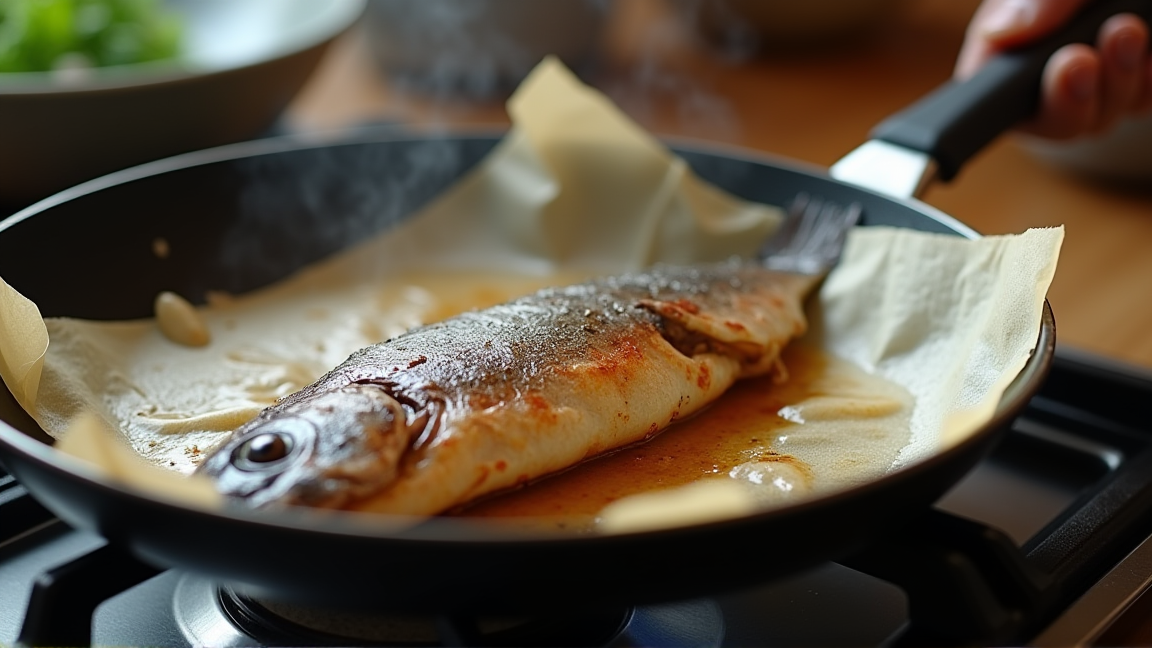 フライパンでクッキングシートを敷いて干物を焼く様子